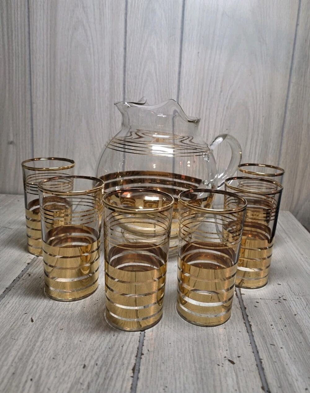 Vintage MCM Dorothy Thorpe Gold Stripe 100 oz Pitcher & 6 10 oz Matching Glasses